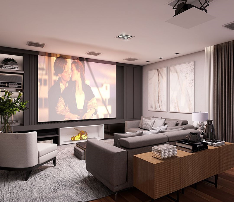 modern home theater with large screen and comfortable seating